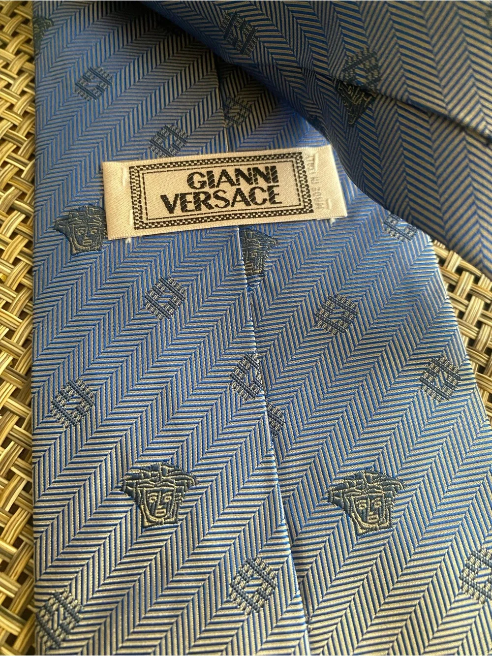 Gianni Versace Tie Mens Blue Silk Medusa Head Greek Key Pattern Italy Luxury